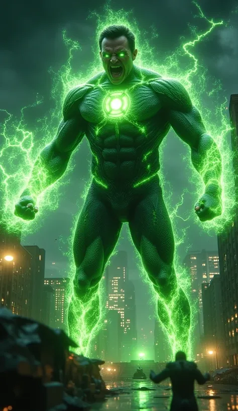 "create a colossal, titan-like version of green lantern, standing menacingly over a cityscape at night, his towering, muscular b...