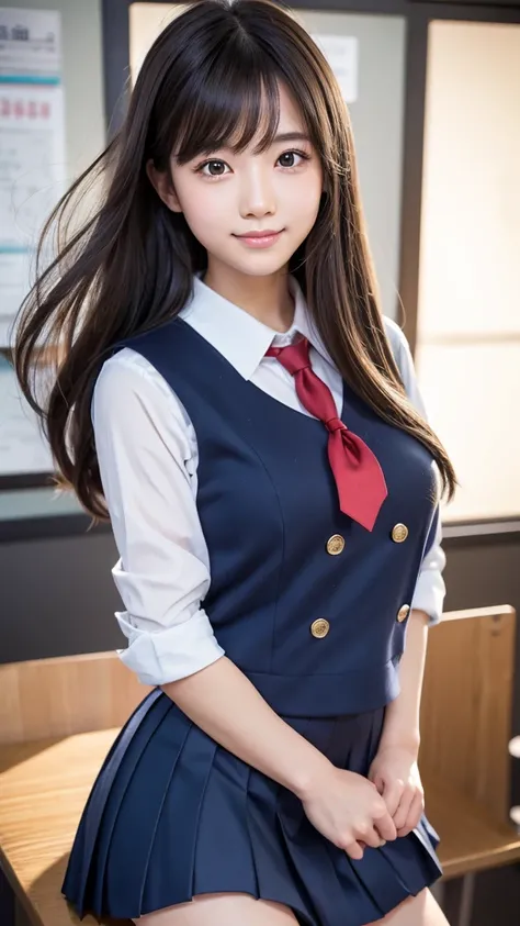  in the school classroom( high school girl sailor suit )を着た魅力的な若い日本人女性の美しい詳細な肖像画,(Red ribbon tie),( navy blue blazer), cowboy shot, ( focus on thighs ), Long hair blowing in the wind, ( ultra-short dark blue pleated mini skirt ),  shiny lips and small smil...