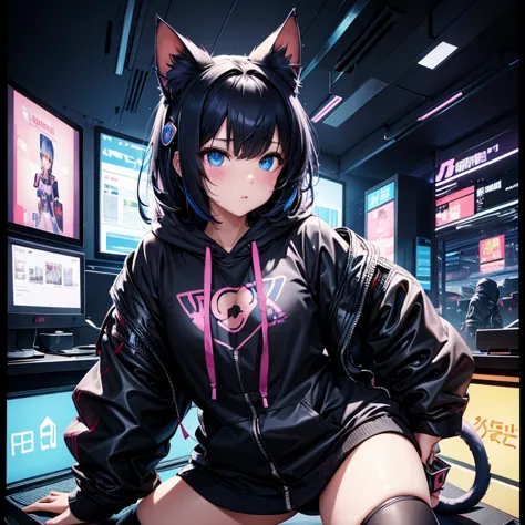 girl illustration 、 tail visible here、cyberpunk-inspired decorations、in a leaning forward position、i'm wearing a 、 cat ear hoodi...