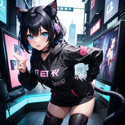 girl illustration 、 tail visible here、cyberpunk-inspired decorations、in a leaning forward position、i'm wearing a 、 cat ear hoodi...