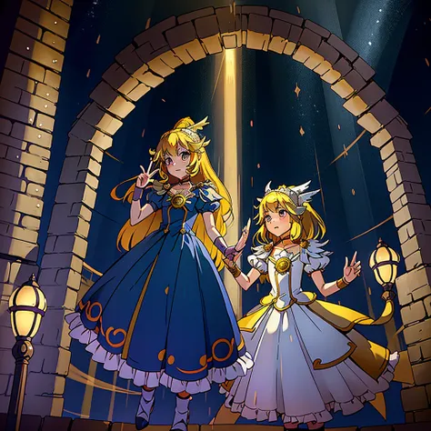 最 high quality、 high quality、８old girl princess、 climb the maze stairs、 long dress 、 is equipped with a dagger and shield、in a d...