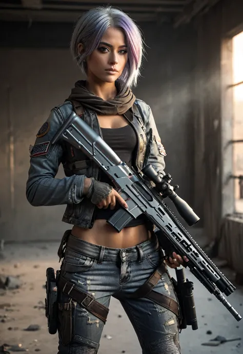 full body from head to toe, a post apocalyptic girl in a titanium suit and jeans with black side stripes, silver gray hair color...