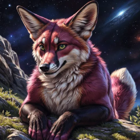 feral, (((adult))), fox, (((magenta body))), space background, smug face, chest fluff, paws, ((face jewel)), green eyes, quadruped, pointed ears, looking at viewer, by bruteandbrawn, by personalami, by kenket, (score_9, score_8_up, score_7_up, intricate, h...