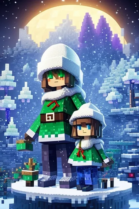 enderman(minecraft)＆cirno(touhou)＆snowgolem(minecraft)　white christmas　night