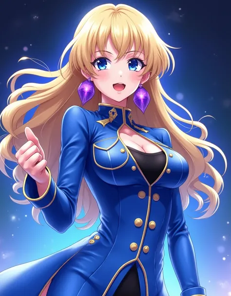 Sheryl Nome, Sheryl Nome in hologram form. style of macross frontier, holograms, holography, macross frontier splash art, Wearing purple earrings, Blue Military-style idol costume, black inner layer, Blonde hair with curly ends, Clear dark blue eyes, beaut...