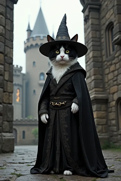 Black and white cat dressed as the wizard Merlin in the background of a medieval castle