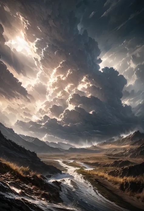 oil painting, landscape, terrible storm, raging weather, sunlight shining through the clouds, various effects, delicate and dynamic textures, contrasts of light and shadow, 2.5D, artistic photography, hyper realistic, digital graphic CG, BREAK ultra detail...