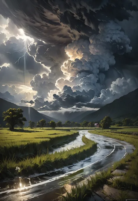 oil painting, landscape, terrible storm, raging weather, sunlight shining through the clouds, various effects, delicate and dynamic textures, contrasts of light and shadow, 2.5D, artistic photography, hyper realistic, digital graphic CG, BREAK ultra detail...