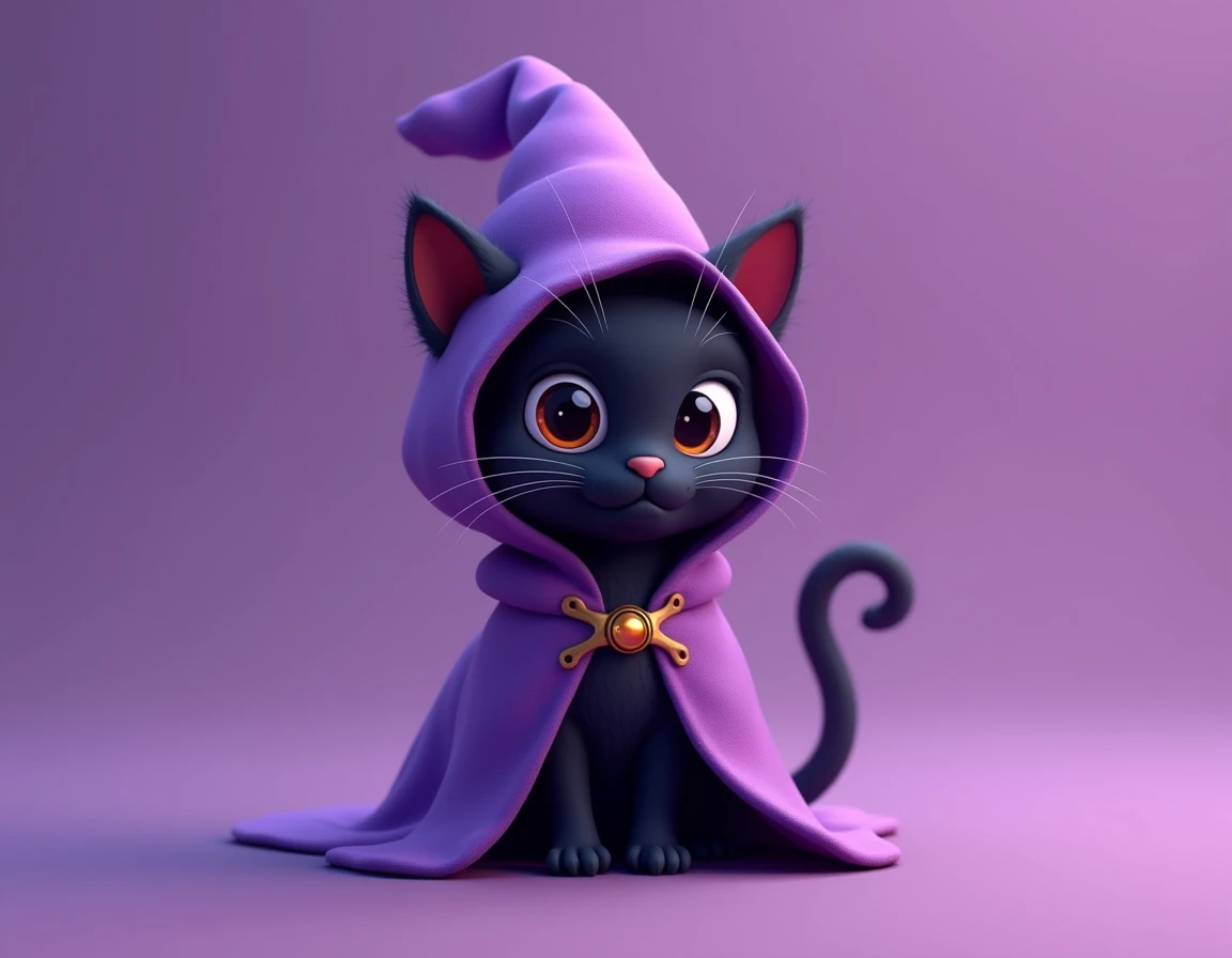 Vector art Halloween icon, a cute black cat wearing a purple wizard, cute eyes, simple and soft purple gradient background, Pixar style, matte finish, edge segmentation, edge lighting, octane rendering, minimalism