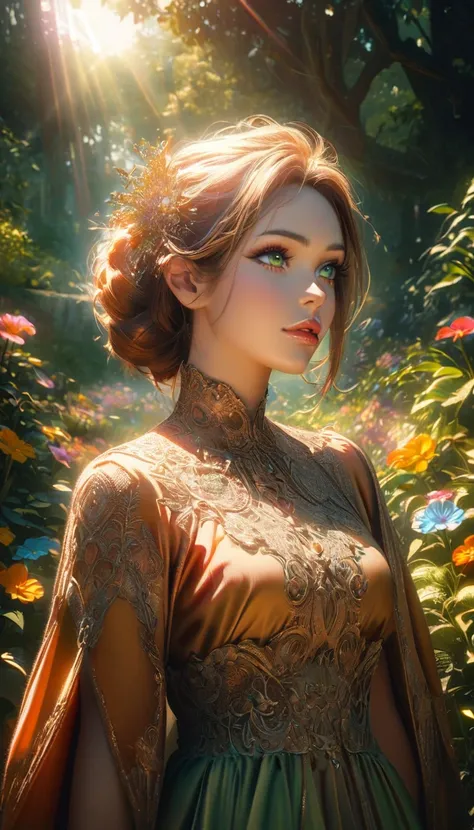 beautiful forest dawn , idyllic, magical, majestic,  epic lighting, 8k,  1 girl,   detail face  , detailed eyes, detailed lips, ...