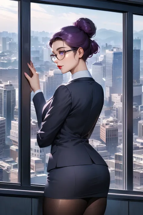 In a semi-realistic anime art style, a curvy woman with dark purple hair tied back in a professional bun, wearing feminine business attire including a suit jacket, a skirt, and tights, wearing glasses, looking out a window at a cityscape, with a wistful lo...