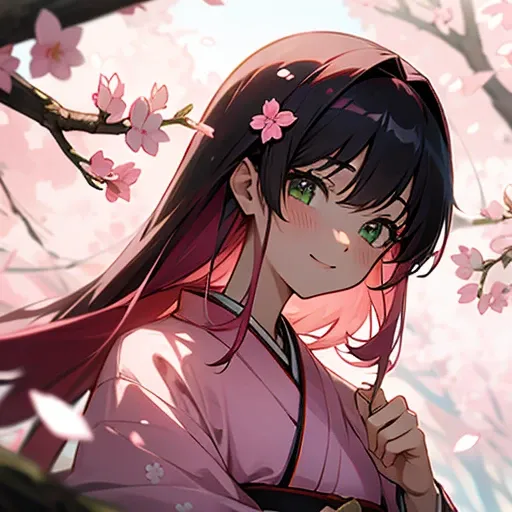  1 girl, anime, Upper body close-up, Cherry Blossom Forest,  sunlight filtering through the trees, Black Hair,  long hair, Green Eyes, Eyes Where Light Dwells  , (( Pink Hair Ornament)),  pink kimono , Kimono with cherry blossom pattern, Yamato Nadeshiko, ...