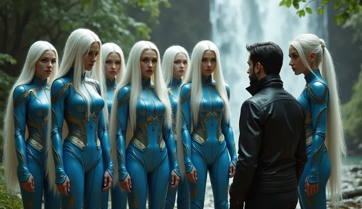 The image shows a group of six women standing in a forest-like setting with a waterfall in the background. The women are all wearing futuristic-looking outfits with blue and gold accents. They have long white hair and are standing in front of a man who is ...