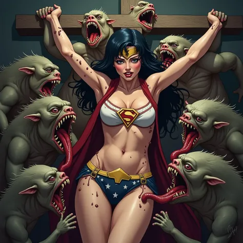  Supergirl gets her body licked by a horde of goblins。彼女はゴブリンの大群にtongueで舐められる。She is crucified。She has an expression of pain 。 Shes wet 。彼女は全身をtongueで舐められる。 goblins swarm to her 。 shes under siege 。Hordes of goblins are excited about her。Goblins are lustfu...