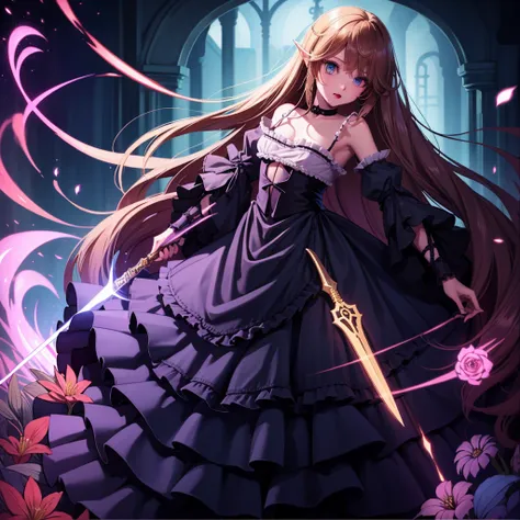 最 high quality、 high quality、８old girl princess、 climb the maze stairs、 long dress 、 is equipped with a dagger and shield、in a d...