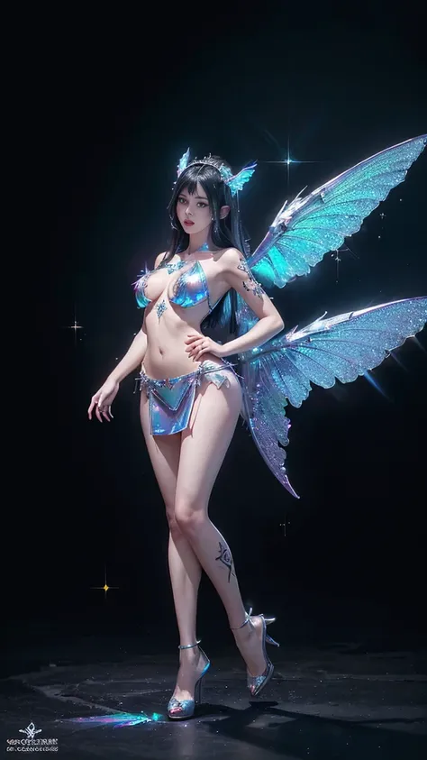 , a tight-fitting short dress, , Emphasizes proportions , (( full body image:1.8)), ((Big wings are iridescent sparkles ):1.5), (Realistic images,  High Resolution , 16k),  a beast goddess with wide wings and enormous power on her shoulders. , Twelve wings...