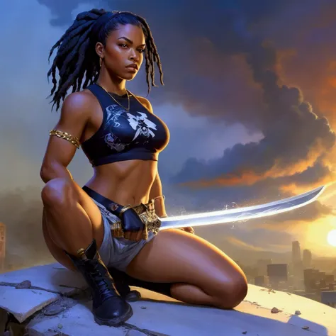 Create a hyper-realistic, close-up animated scene in a Marvel-meets-Walking Dead style featuring a powerful dark skin Black woman warrior, approximately 20 years old, set in a late-2040s post-apocalyptic world. The background shows a sunset casting warm li...