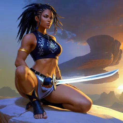 arafed woman with a sword sitting on a rock in the desert, warrior girl, epic 3 d oshun, female warrior, warrior woman, epic digital art illustration, afrofuturism anime, warrior princess, beautiful female warrior, muscular warrior women, katana zero video...