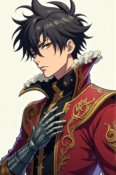 Give me references to sketches of a male character in a perspective of 3/4 in anime cartoon style .

 He wears extravagant medieval style clothing and uses a robot hand.

Do it only from the torso upwards.