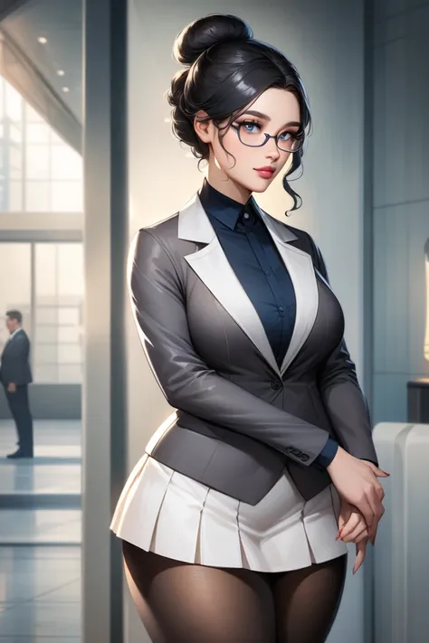 In a semi-realistic anime art style, a curvy woman with black hair tied back in a professional bun, wearing feminine business attire including a suit jacket, a skirt, and tights, wearing glasses, with a wistful look in her eyes.