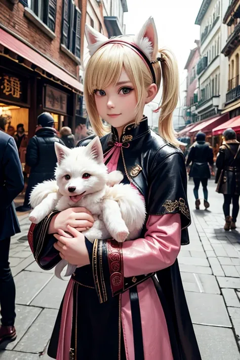 a beautiful chinese idol girl(short hair,blond,2pigtails,fluffy white fox ears hairband)dressed in dark pink leather armor, navy...