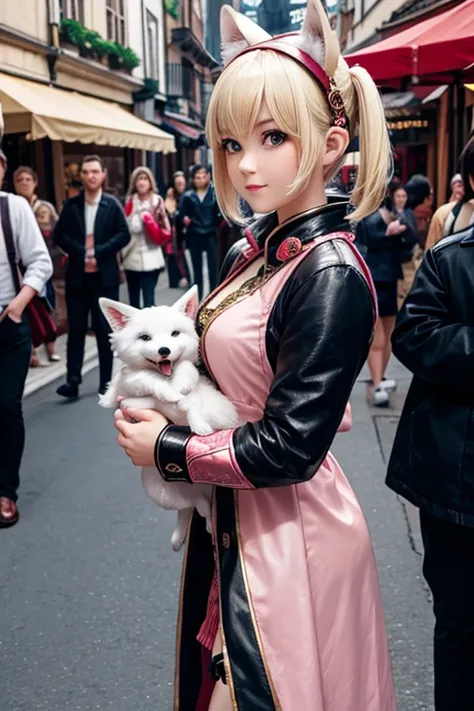 a beautiful chinese idol girl(short hair,blond,2pigtails,fluffy white fox ears hairband)dressed in dark pink leather armor, navy...