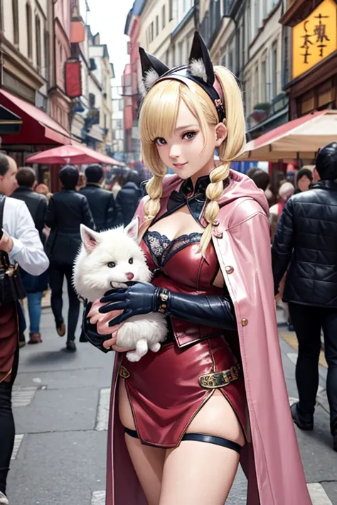 a beautiful chinese idol girl(short hair,blond,2pigtails,fluffy white fox ears hairband)dressed in dark pink leather armor, navy...