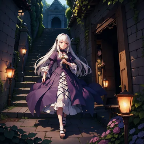 最 high quality、 high quality、８old girl princess、 climb the maze stairs、 long dress 、 is equipped with a dagger and shield、in a d...