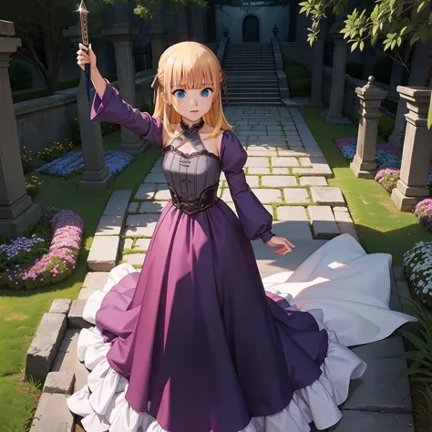 最 high quality、 high quality、８old girl princess、 climb the maze stairs、 long dress 、 is equipped with a dagger and shield、in a d...