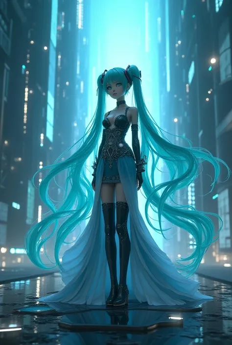 Hatsunemiku En El Mundo Digital:1.4, a highly detailed 3D rendered digital idol, beautiful girl with long flowing hair, wearing an intricate futuristic dress, standing in a vast high-tech landscape, dramatic lighting, cinematic composition, vibrant neon co...