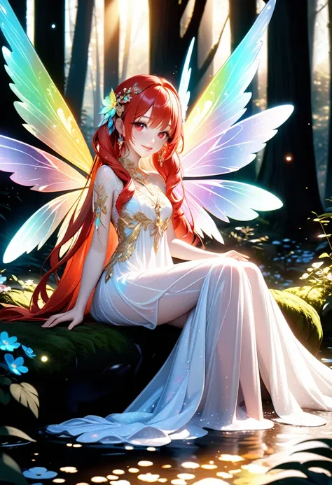  A redheaded twin-tailed fairy sitting in the forest ,  detailed, clear, beautiful red eyes and glossy lips 、 extremely beautiful detailed white moisturized real skin 、 staring at a stream illuminated by sparkling sunlight ,  transparent fairy rainbow-colo...