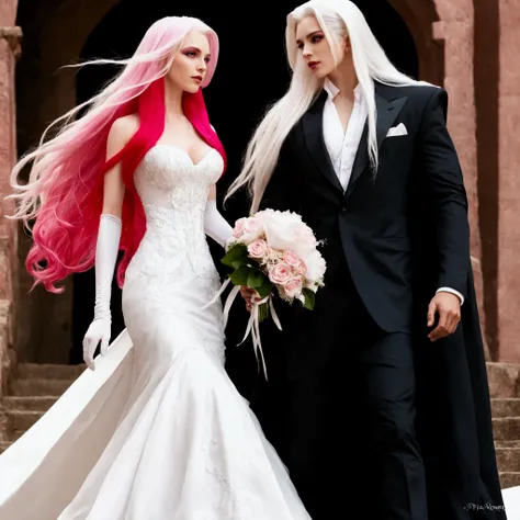 Sephirot  and Jessica Rabbit, bride and groom dressed in white and pink hair walking down steps, bride and groom, with long white hair, wearing fantasy formal clothing, wedding photo, wedding, detailed white long hair, with white long hair, fantasy fairyta...