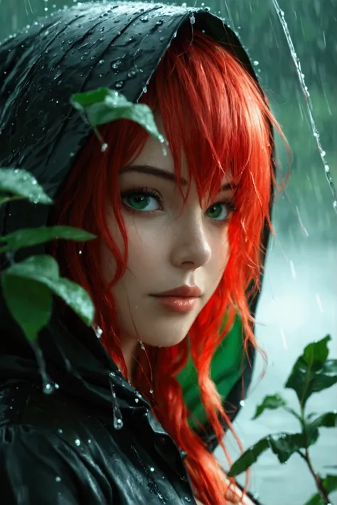 High quality, 4K Ultra HD, girl red hair, green eyes, wearing a hood, high detail, super huge breasts, booked background, rain.