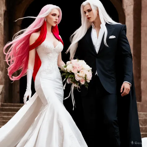 Sephirot  and Jessica Rabbit, bride and groom dressed in white and pink hair walking down steps, bride and groom, with long white hair, wearing fantasy formal clothing, wedding photo, wedding, detailed white long hair, with white long hair, fantasy fairyta...