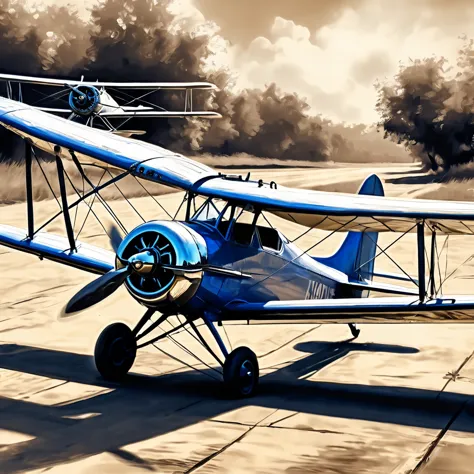 oil rough sketch painting art, blue sepia filter, pedal planes from long ago, various effects, delicate and dynamic textures, co...