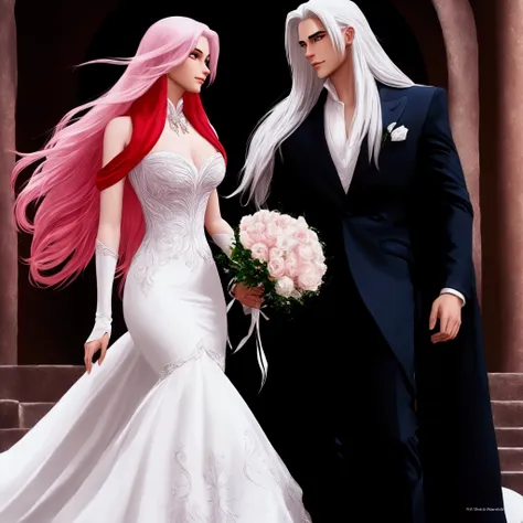 sephirot  and jessica rabbit, bride and groom dressed in white and pink hair walking down steps, bride and groom, with long whit...