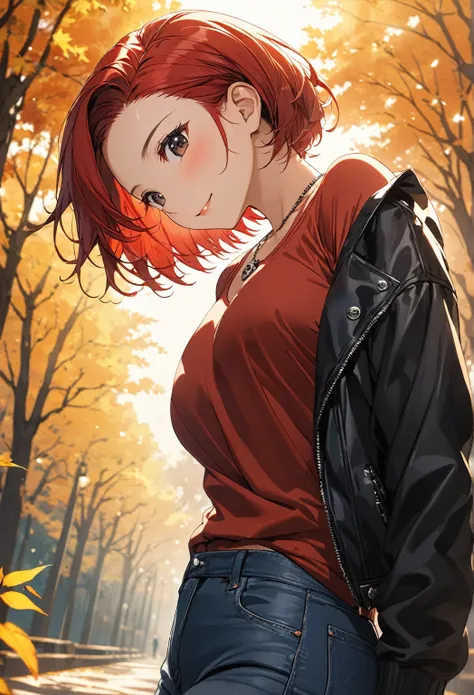 1 girl,(very shortcut hair,red hair, swept-back,:1.8),red shirt,black riders jacket,jeans,skull necklace,big black eyes,long eye...