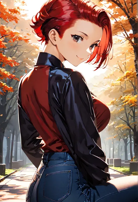 1 girl,(very shortcut hair,red hair, swept-back,:1.8),red shirt,black riders jacket,jeans,skull necklace,big black eyes,long eye...