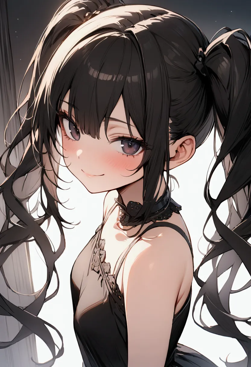 one girl, high twin tails, high pigtails, hair bangs, medium length hair, shoulder length hair, black hair, dark eyes, pretty fa...