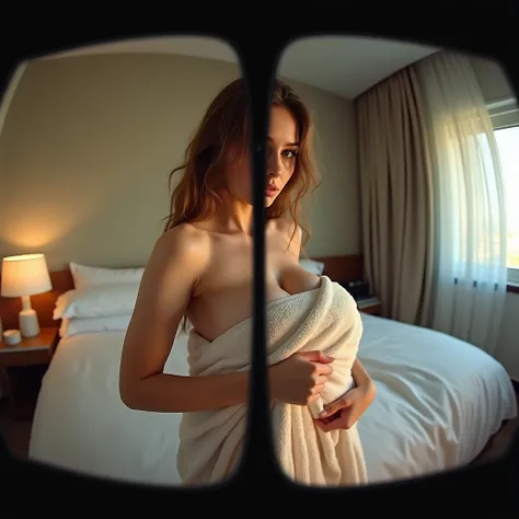 (Split screen:1.5), VR screen, (the composition of the screens is exactly the same:1.3). Sexy idol seduces naked with a towel wrapped around her, looking at viewer, Our eyes meet, erotic body, bedroom. virtual reality, panoramic anamorphic, ((masterpiece, ...