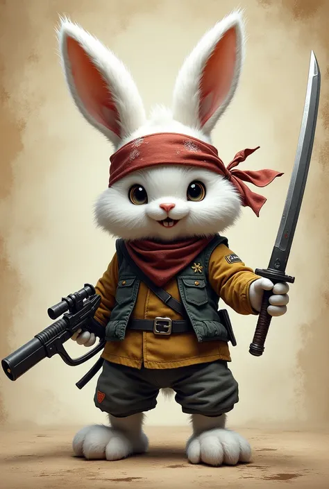 a realistic full body shot, long shot of a cute fluffy white humanoid realism rabbit bandit with bandana head band, old parchment paper character sheet 24k resolution highly detailed photorealistic, realistic sketch, Rough sketch, mix of bold dark lines an...