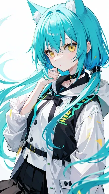 Anime Neko Female With Cyan Hair and Yellow Eyes