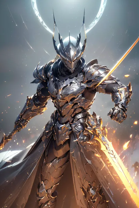 ((the strongest warrior holds a sword)), ((metallic: 1.5, black armor: 2.0,  machine parts can be seen under the suit )), (silve...