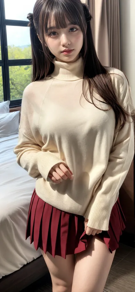 masterpiece, best quality, illustration, Super detailed, fine details, High resolution, 8K,wall paper, perfect dynamic composition,(Details High quality, realistic depiction of eyes:1.3), standing, ( turtleneck sweater, pleated skirt:1.2), updo, in a hotel...