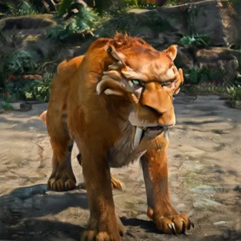 (diego, feral saber-tooth tiger, hazel green eyes, furry body, orange fur, stub tail, barbed feline penis) BREAK in a deserted jungle