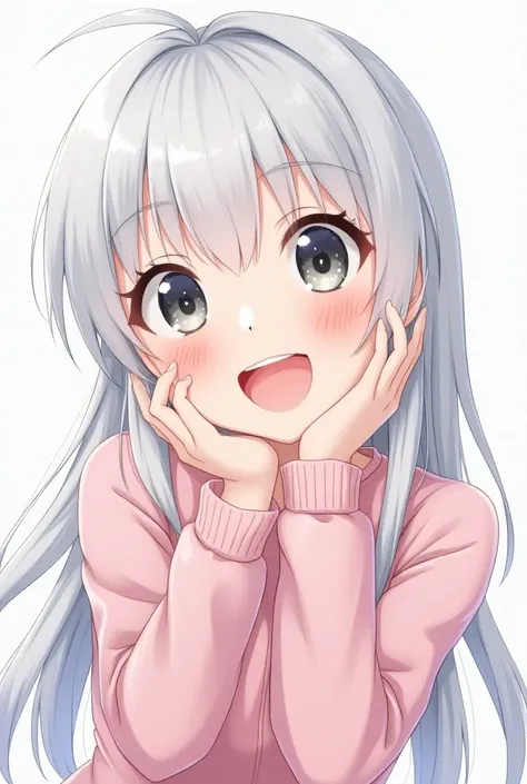 Draw a girl who looks like Anya from the anime my parents are spies .  Make her hair silver and make her face cute and make her excited when she sees the viewer
