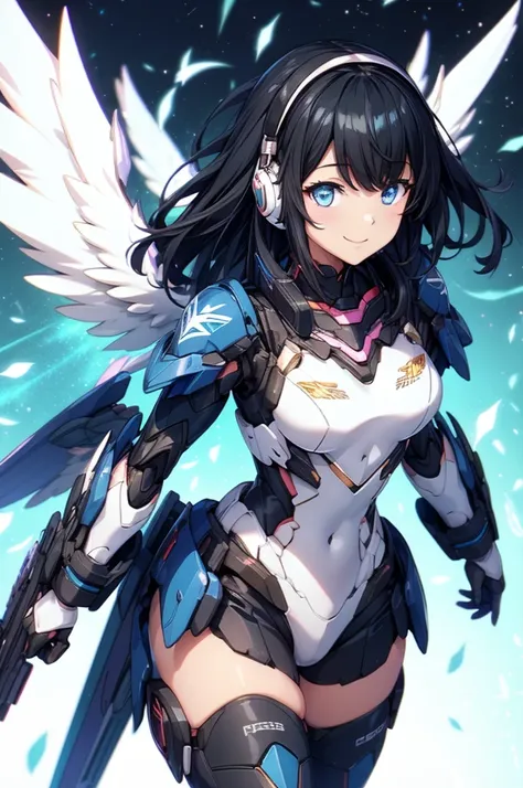 smiling、mecha wing、thighs、tights、chest、shiny black hair、 1 girl、 solo girl 、 headphones、hand on chest、mecha girl、 white word