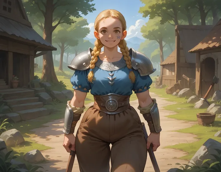 (masterpiece, highly detailed, artstation, absurdres, fantasy), solo, (big head), happy facial expression, (woman dwarf, short body, short legs, broad shoulders, broad waist, fat:1.3), blonde hair in long thick braids, golden face tattoos, bangles, longbow...