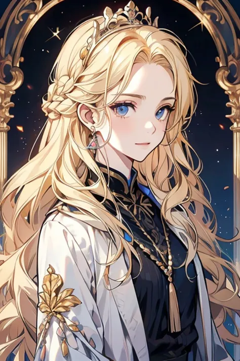 chico, pale skin, blonde hair, shoulder length hair, wavy hair, ropa de la royals, royals, duchy,困った顔