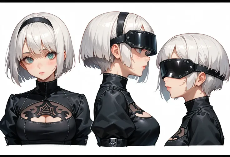 create a character sheet focused exclusively on the head and face of a character inspired by 2b from nier automata, showing four...